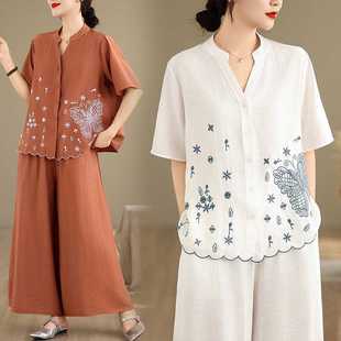 Real Shot of Summer Cotton and Linen Embroidered Loose mm Casual Flesh-Covering Slimming Look Top + Casual Wide-Leg Pants Suit