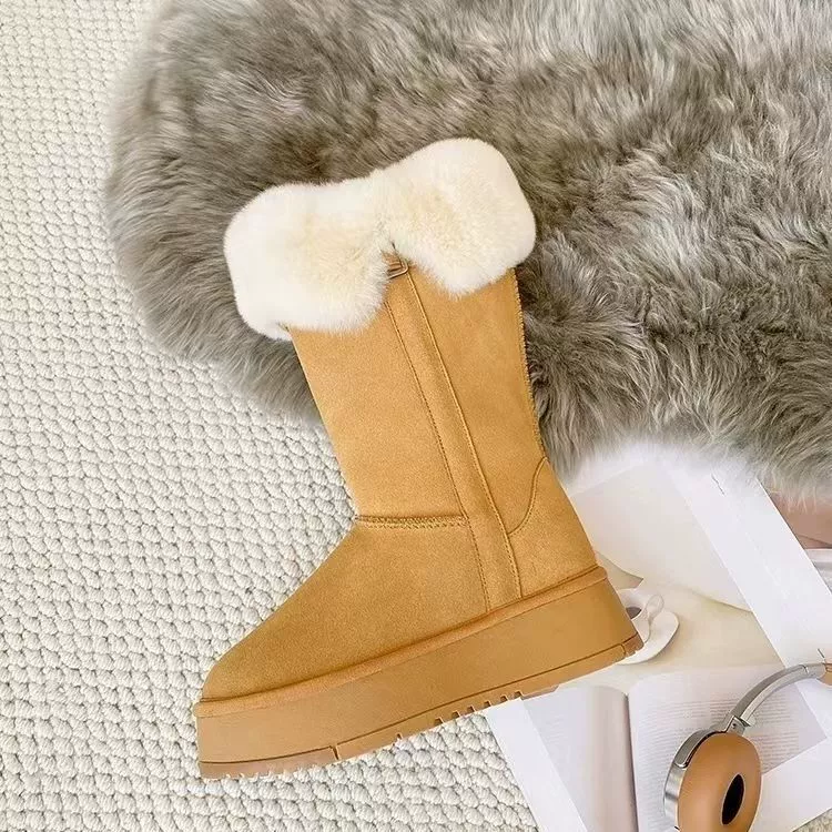 Warm shearling-lined winter boots, mid-calf platform, Khaki or Deep Space, sizes 35-40
