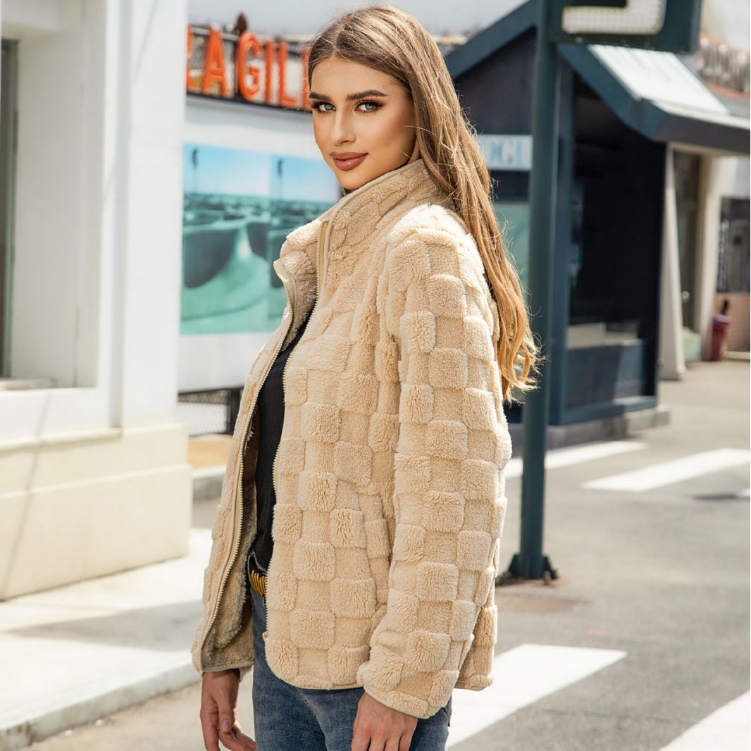 Dameskleding Flash fluwelen herfst en winter nieuwe kleding lange mouwen vest rits losse effen kleur geruit pluche jas_voghion.com