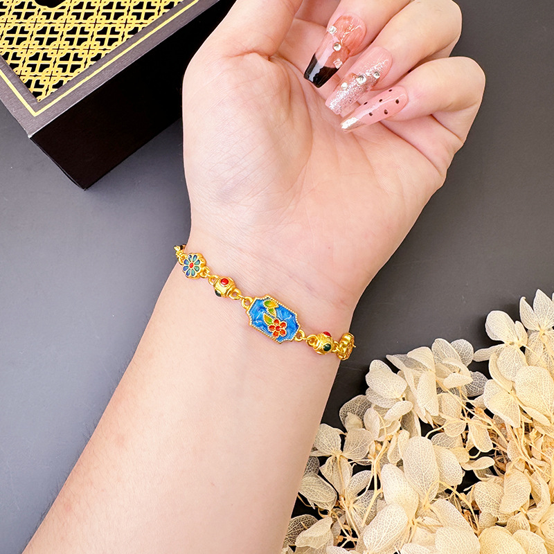 Brazalete de flores de palacio de estilo de esmalte de moda vietnamita de oro de arena para mujeres que no se desvanecen joyería de lujo ligera y alta calidad