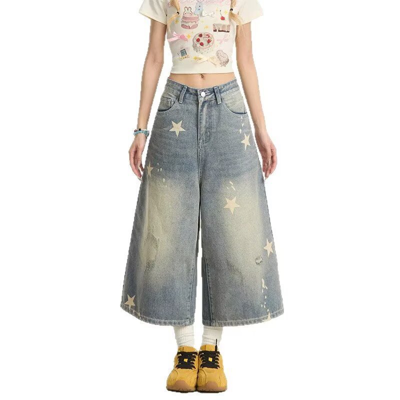 Cross-border American retro star-print denim shorts for women, featuring a distressed wash, loose fit, wide-leg design, and casual, cropped length Cross-border American retro star-print denim shorts for women, featuring a distressed wash, loose fit, wide-leg design, and casual, cropped length