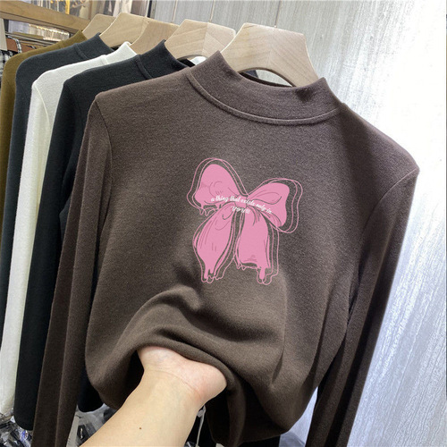 Y2242 Girls' Fleece T-Shirt Base Shirt for Innerwear, Autumn/Winter New Arrival Thickened Medium/Large Children's Long-Sleeve T-Shirt