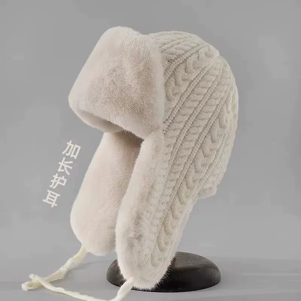 Fleece-Lined Thickened Ear-Protecting Knitted Hat for Women, Autumn and Winter Warm Windproof Cycling and Skiing Trapper Hat, Foldable Woolen Hat
