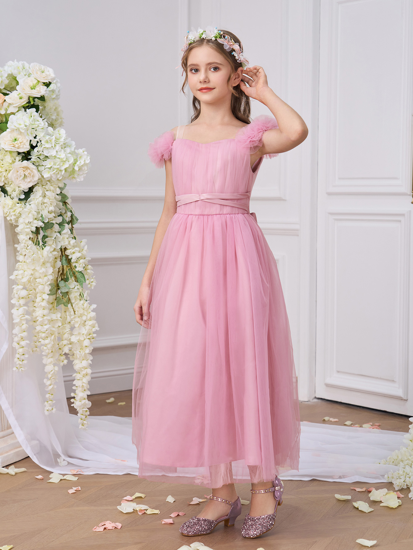 Nuevo vestido de niños grandes un hombro vestido de niña floral vestido de red vestido de princesa vestido de cumpleaños vestido de desfile