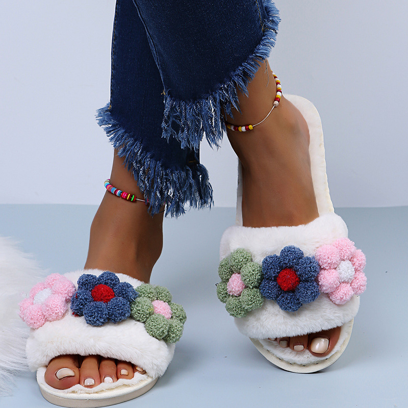 Flat-Bottomed Colorful Flowers Furry Slippers NSKJX104840