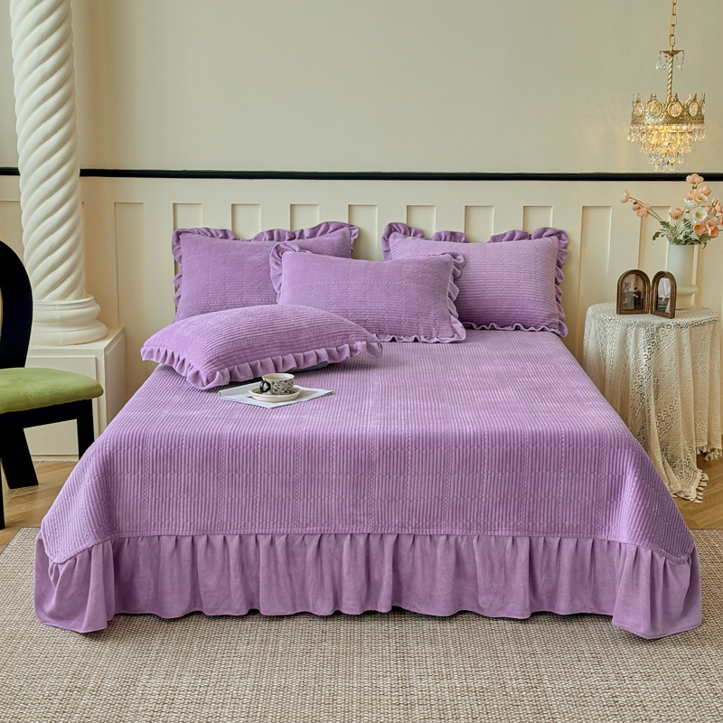 Korean Pure Color Milk Baby Velvet Quilted Quilted Bed Cover Single Piece Thickeneded Lotus Leaf Lace Bed Bed Sheets Three-Piece Set Autumn and Winter