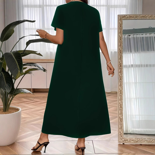 Middle Eastern Muslim fashion short-sleeve round-neck maxi dress for plus-size women with a robe-style design.