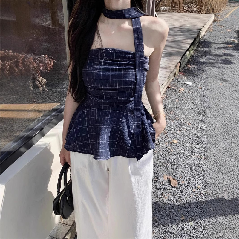 Retro Contrast Color Hot Girl Plaid Tube Top Women's Summer Niche Ruffled Slim Off-Shoulder Short Top