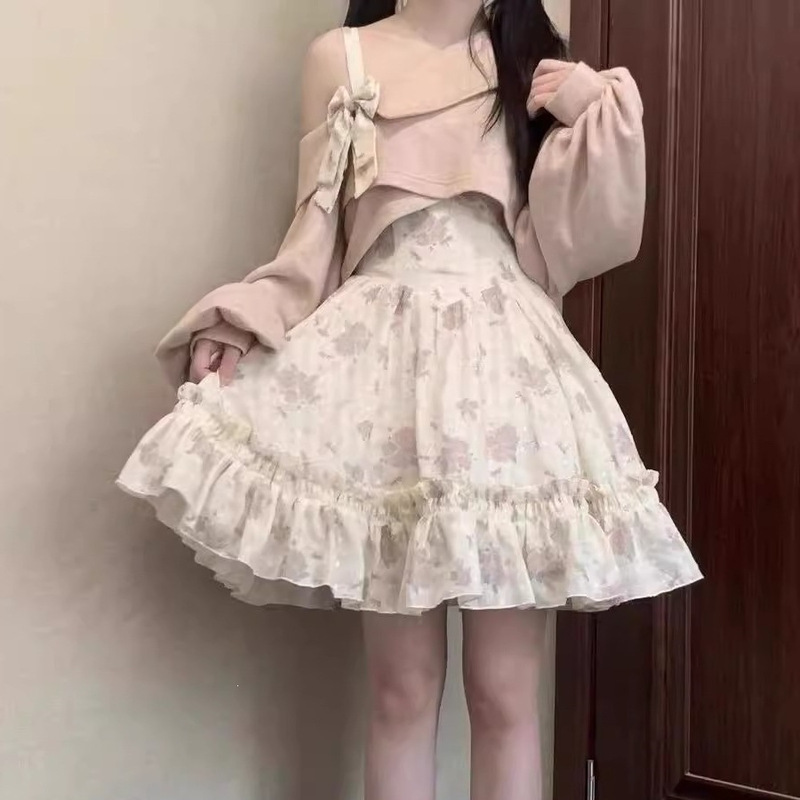 Tea Break French-Style Rose Floral Apricot Pink Rose Suspender Dress + Pink Jacket Elegant Dress New Two-Piece Set
