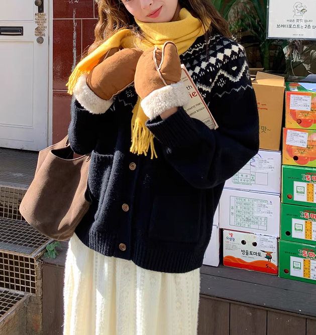 新款复古费尔岛氛围设计慵懒风毛衣开衫文艺圆领针织衫女百搭外套|undefined