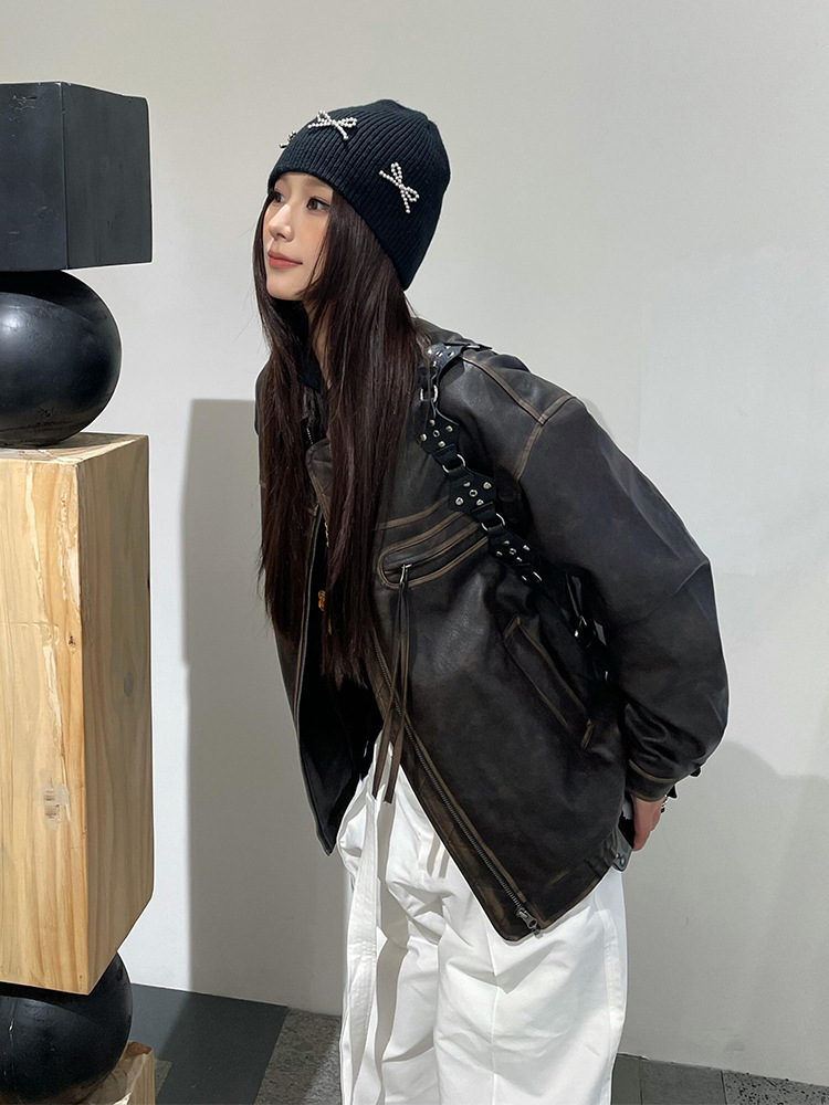 Super Nice Leather Jacket for Women 2025 Autumn New Style Super Hot Cool Style Petite Motorcycle Jacket Retro American Style