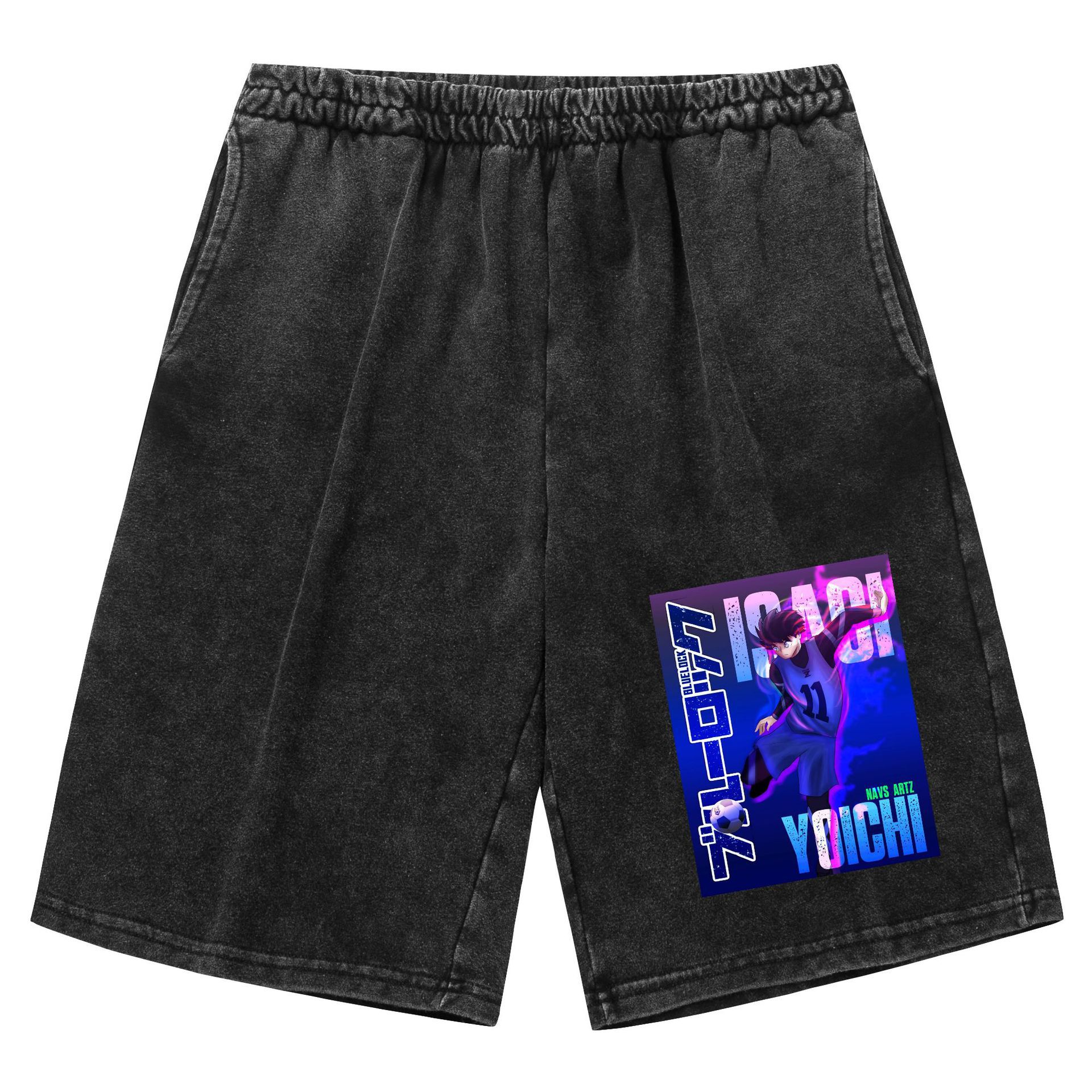 Pantalones cortos retro viejos lavados transfronterizos BLUE LOCK azul prisión estampado deportes de ocio