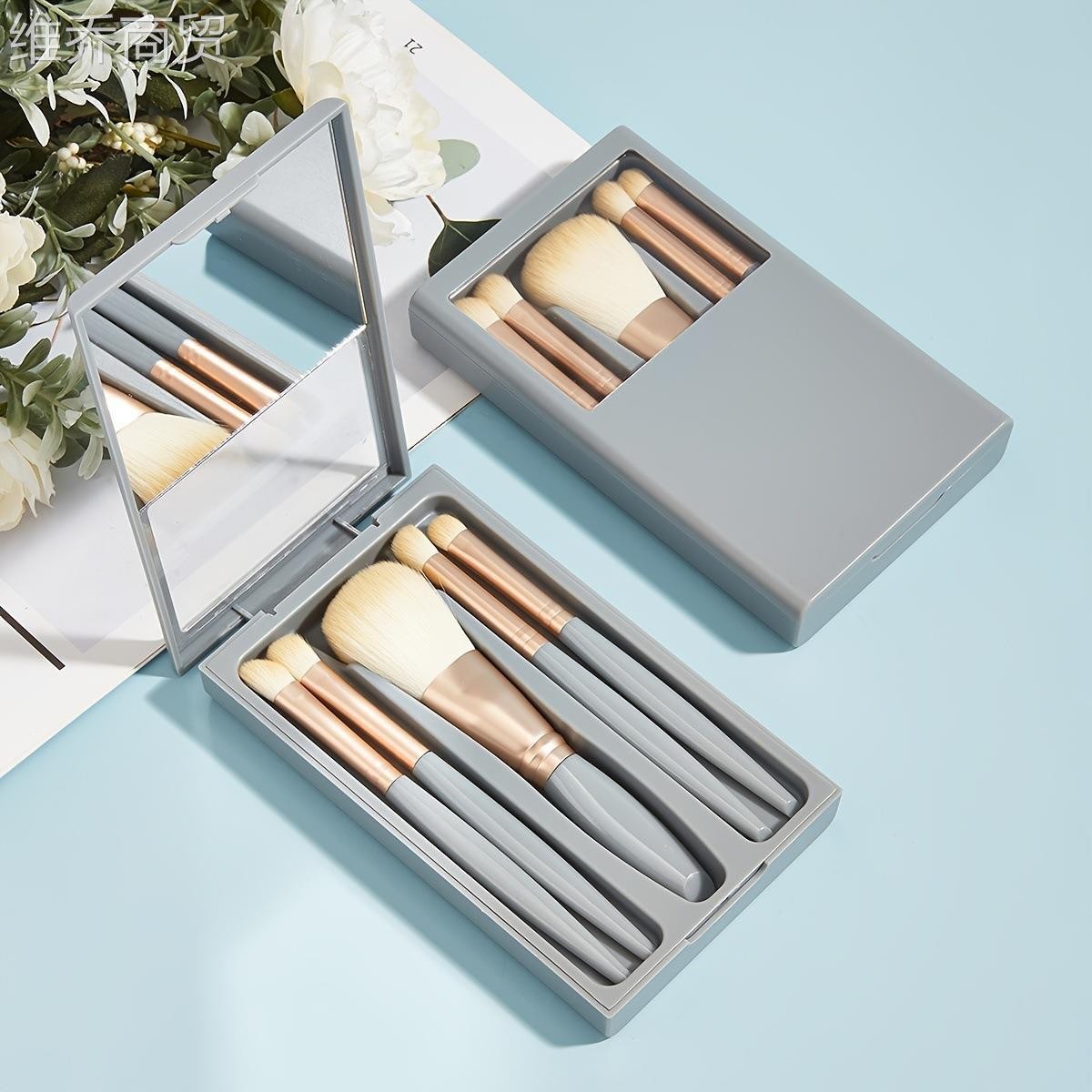 Nuevo cinco con espejo cepillo de maquillaje portátil de pintura a granel cepillo de blush cepillo mini caja de espejos de viaje cepillo portátil