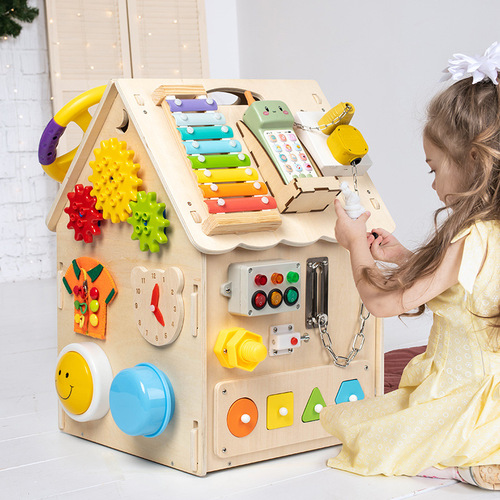 Early education blue busy house busy board wooden Montessori unlocking and piano concentration training teaching children's toys