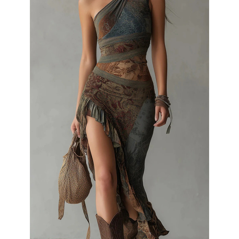 2026新款欧美风跨境复古拼接印花不对称长裙修身显瘦高开叉连衣裙