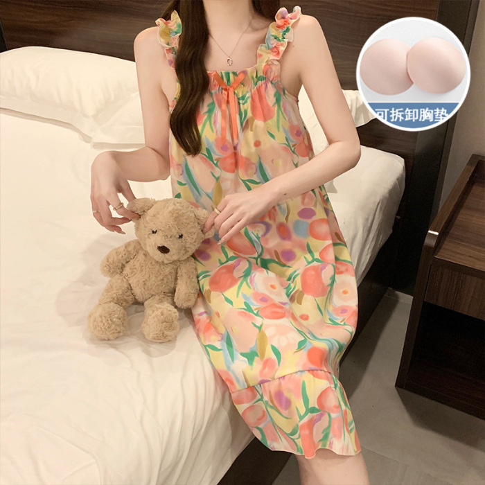 Verano con almohadilla de pecho dulce esling pijama vestido de mujer flores dulces lindas pijama casera casera