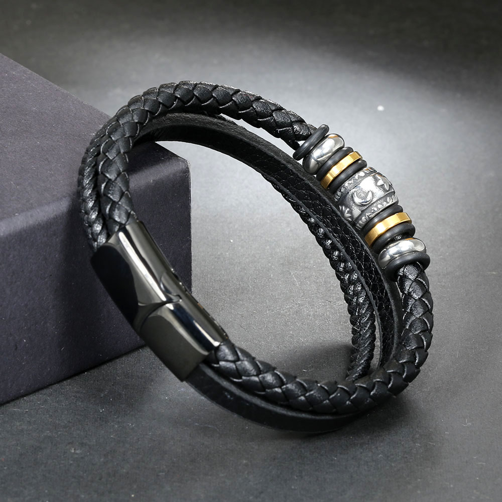 Simple Style Geometric Pu Leather Titanium Steel Braid None 18K Gold Plated Men'S Bracelets display picture 4