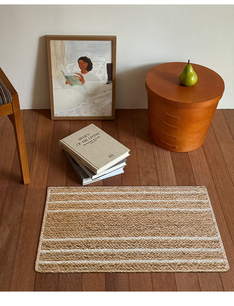 Natural Jute Hand-Woven Floor Mat for Entryway, Living Room, Bedroom, Bedside, Non-Slip, Glue-Free, Simple Carpet
