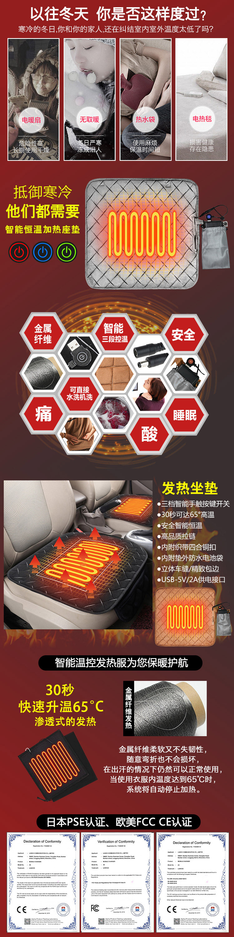Autumn and Winter USB Heating Car Seat Cushion, Car-Mounted Home Office Heating Pad, Electric Heating Pad, Multi-Scenario Adaptable