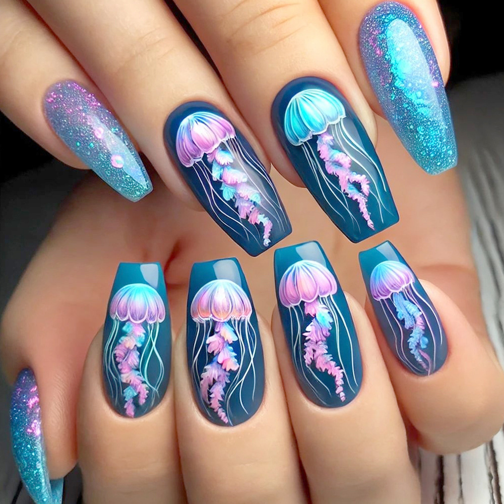 Ventas transfronterizas de uñas trapezoidales largas, medusas azules, sueños de viento marino, 24 piezas de parche de uñas