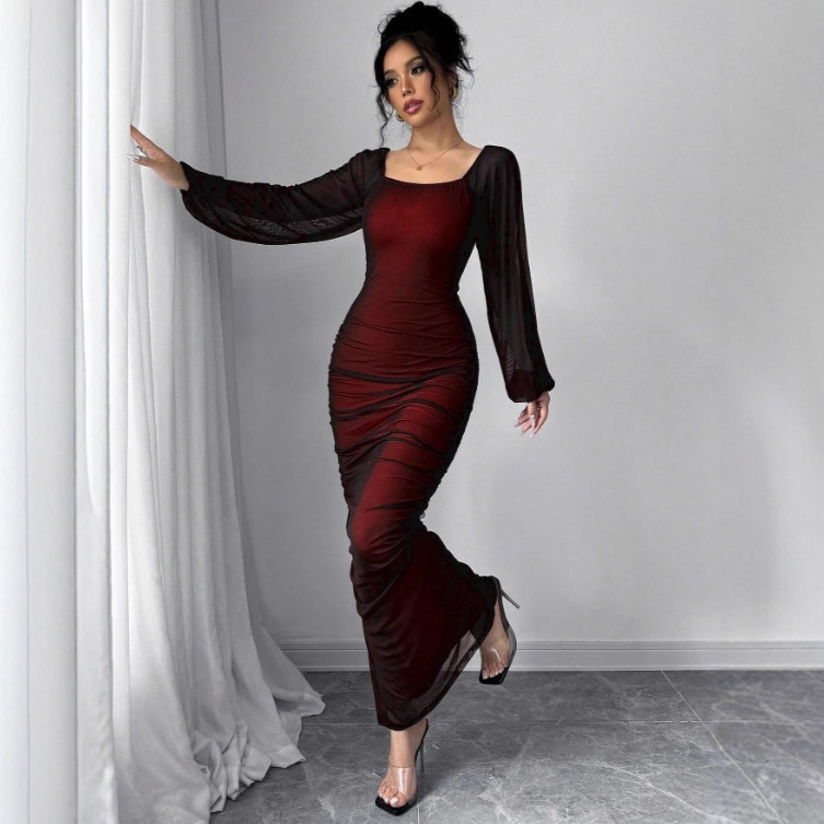 European and American Style Cross-Border Foreign Trade Women's Clothing, Amazon Best-Selling Square-Neck Elegant and Sexy Slim-Fit Dress for Women, Autumn High-End Style European and American Style Cross-Border Foreign Trade Women's Clothing, Amazon Best-Selling Square-Neck Elegant and Sexy Slim-Fit Dress for Women, Autumn High-End Style