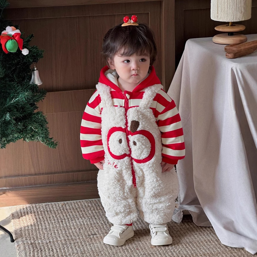 2025 nuevo producto ropa de invierno para bebés de una pieza tipo bebé 0-3 dibujos animados manzana Año nuevo año nuevo año nuevo peludo cálido gatear