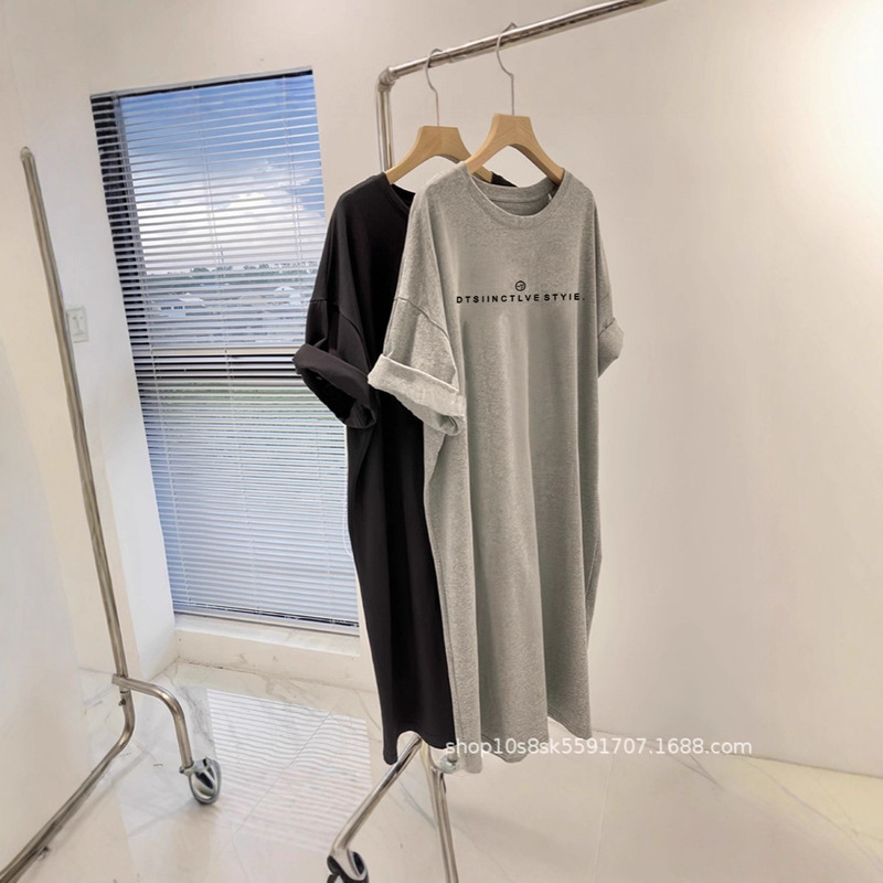 Gray T-Shirt Dress for Women 2026 New Mid-Length Korean Style Loose Large Size Short-Sleeved Long Dress Fashionable Age-Reducing Dress