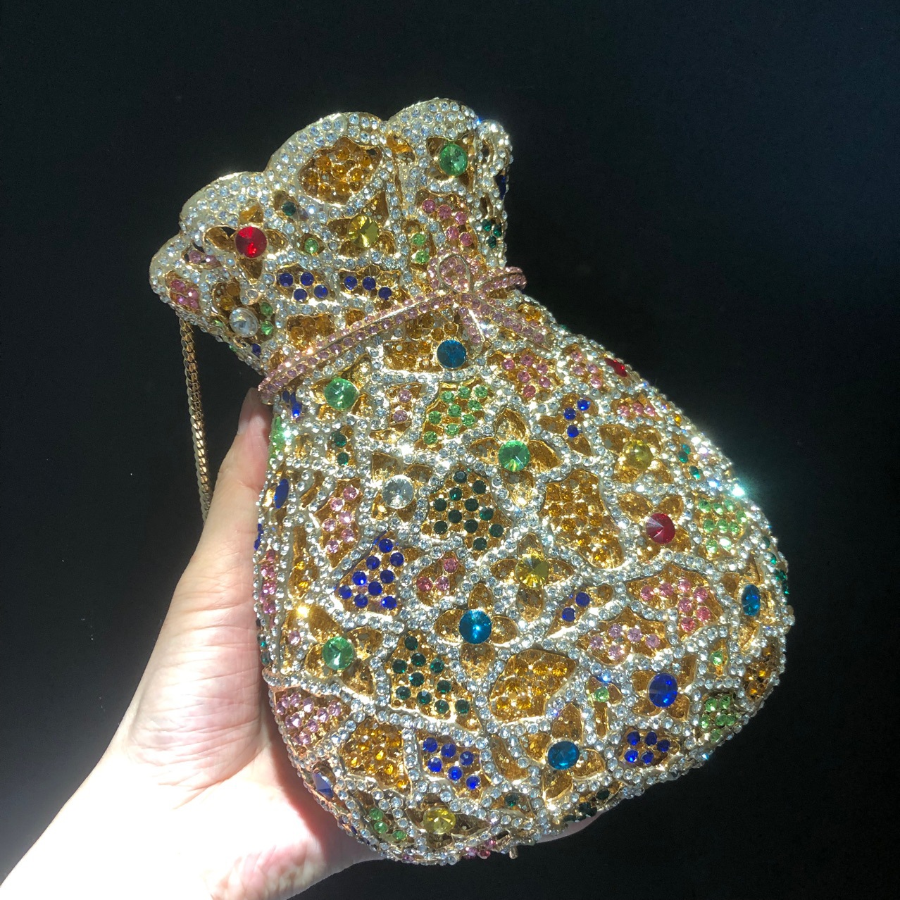 Túi clutch nữ đính kim cương thủ công họa tiết bình hoa phong cách châu Âu — màu xanh lá cây, màu đen, màu nâu vàng, màu vàng chi tiết 11