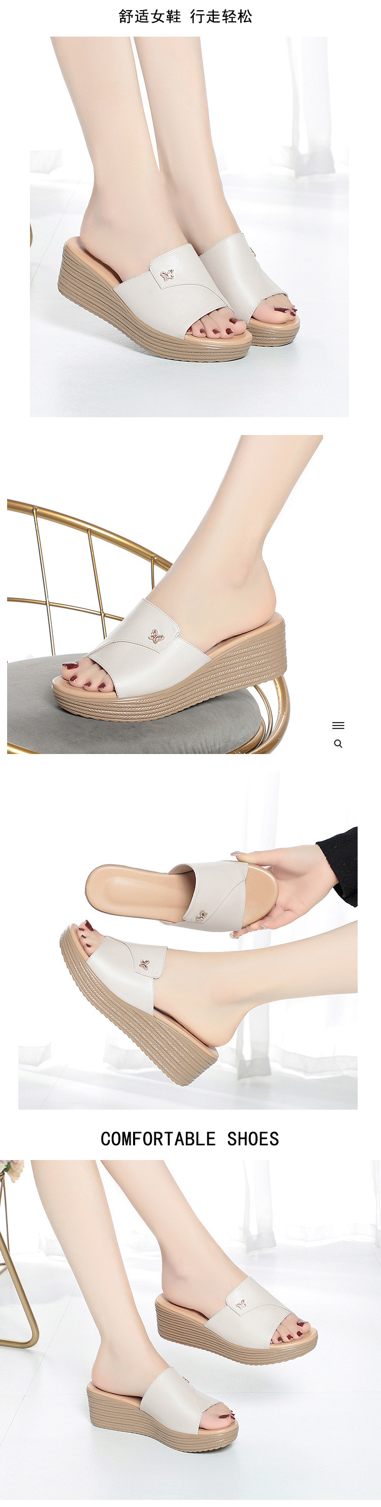 Dép sandal nữ quai chữ V đế xuồng cao 5 cm, da thật mềm mại — màu đen chi tiết 4