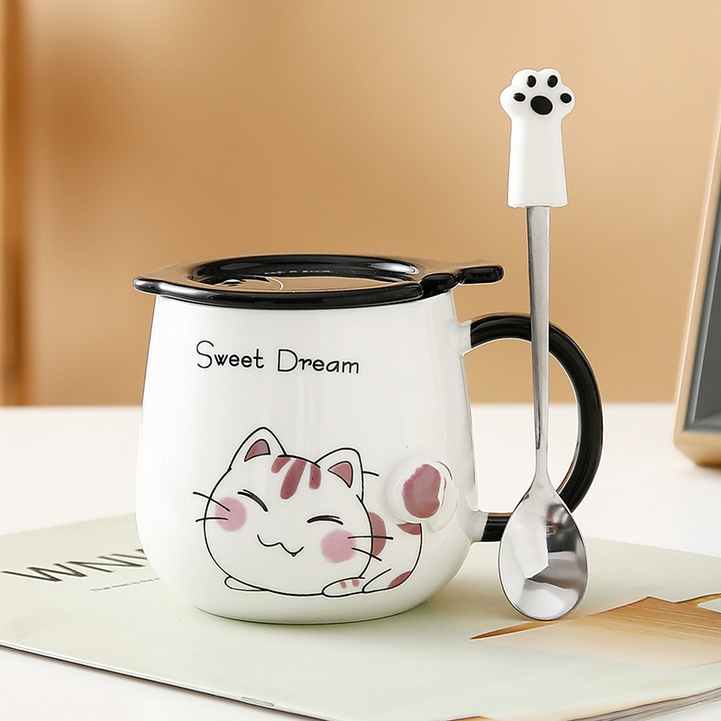 Taza de gato Mark con tapa Cuchara Taza de agua de cerámica Taza de pareja de dibujos animados de cerámica para hombres y mujeres Taza de desayuno de café de oficina