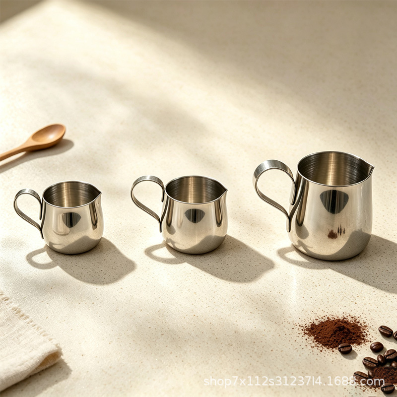 Stainless steel latte art pitcher with handle, mini milk jug, latte art spout, small milk pot, coffee milk cup