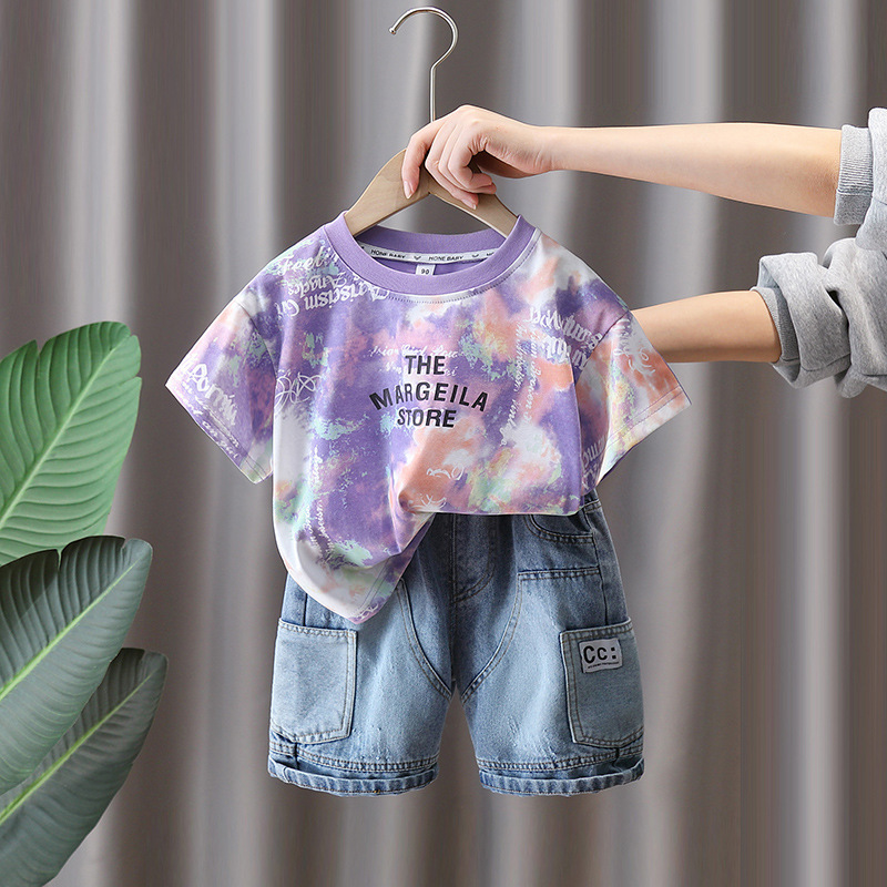 7289 Traje de verano para niños 2025 Nueva camiseta de manga corta con estampado de tie-dye para niños Verano fresco y atractivo de dos piezas Verano 5