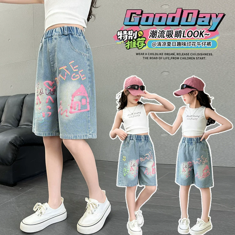 Новые летние модные универсальные джинсовые шорты с героями мультфильмов для девочек, свободный крой, тонкий стиль.