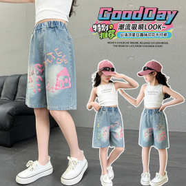 新款夏季女童中大童卡通时尚洋气百搭牛仔短裤女孩宽松五分裤薄款