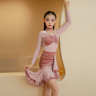 Children's Latin Dance Clothes Training Clothes 2024 Autumn and Winter New Velvet Pink Suit Latin Dance Practice Clothes Women