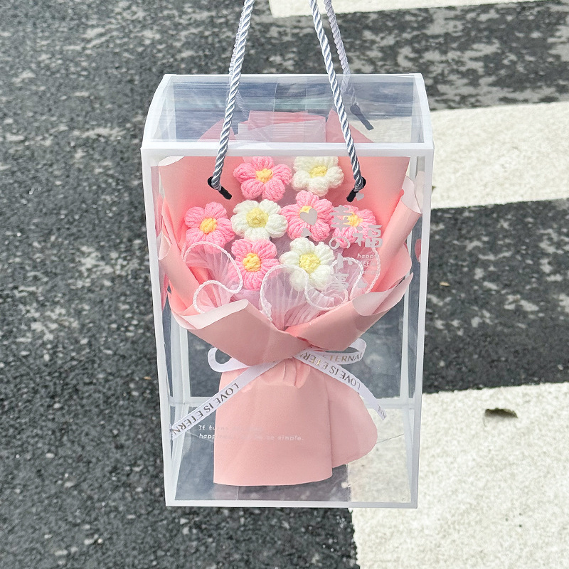 Día del Maestro Día de San Valentín ganchido a mano flor de simulación puff lana ganchido ramo de flores caja de regalo adornos de regalo