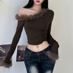 Autumn 2024 Pure Desire Mao Mao Stitching off-shoulder Top T-shirt Slim-fit Short Irregular Long-sleeved Interior