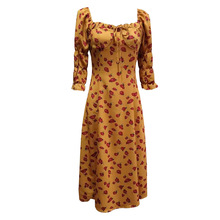 杨采钰同款长款开叉橘色复古方领碎花连衣裙女小批量服装加工定制