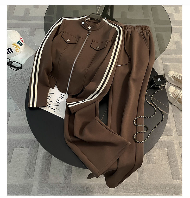 Korean Style Women's Zip-Up Hoodie & Jogger Pants Set - Casual Sporty Outfit (S-2XL, Black/Brown)_ecoleips.com