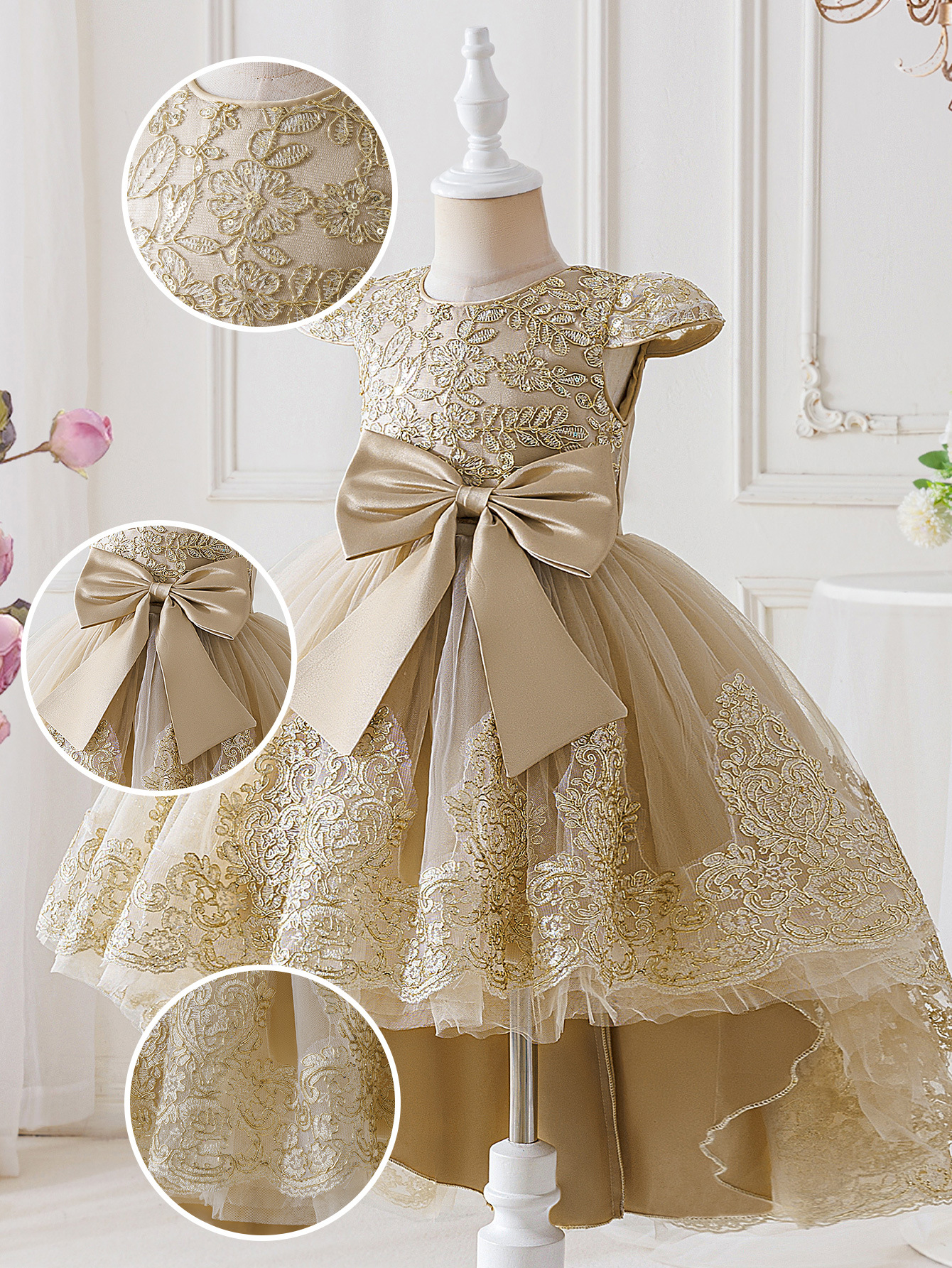 TEMU vestido de niños bordado de hilo dorado vestido de novia elegante vestido de princesa vestido de noche