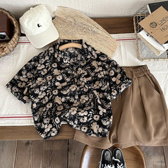 Children's Shirt, Unisex Children's Han Style Top, Summer Thin Fashion Short Sleeve Collar, Girls' Floral Shirt, Vacation Hong Kong Style Trend