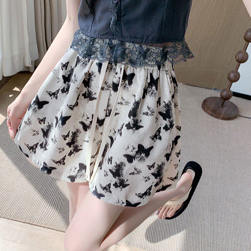 White butterfly print ice silk shorts for women, summer elastic waist drawstring wide-leg hot pants, versatile sports pants for petite individuals