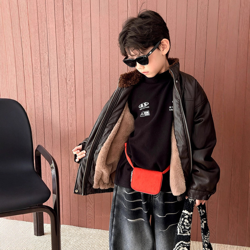 Boys' Winter Clothing Retro Soft Leather Jacket Fleece-Lined Thickeneded Jacket 2025 New Kidsren's American Bomber Jacket Kidsren's Clothing