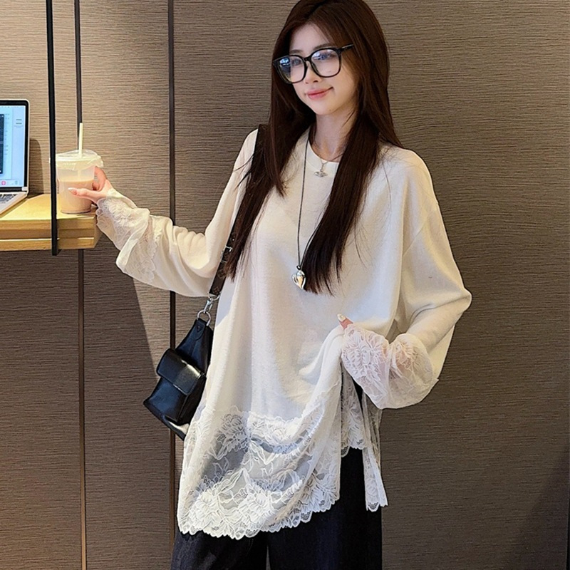 韩系蕾丝钩花拼接长袖T恤女2025春秋新款休闲甜美内搭打底衫上衣