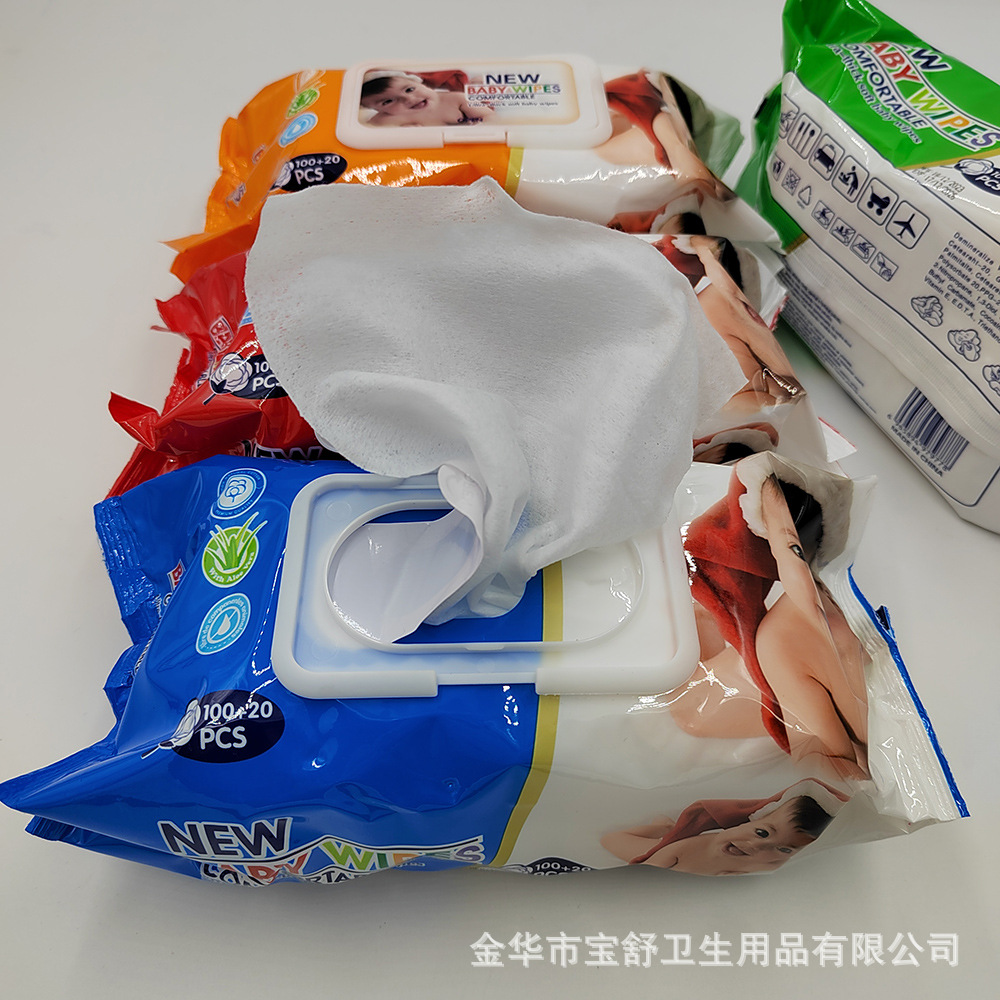 120片平纹材质宝宝湿纸巾日常清洁护理婴儿擦拭巾四色外贸包装