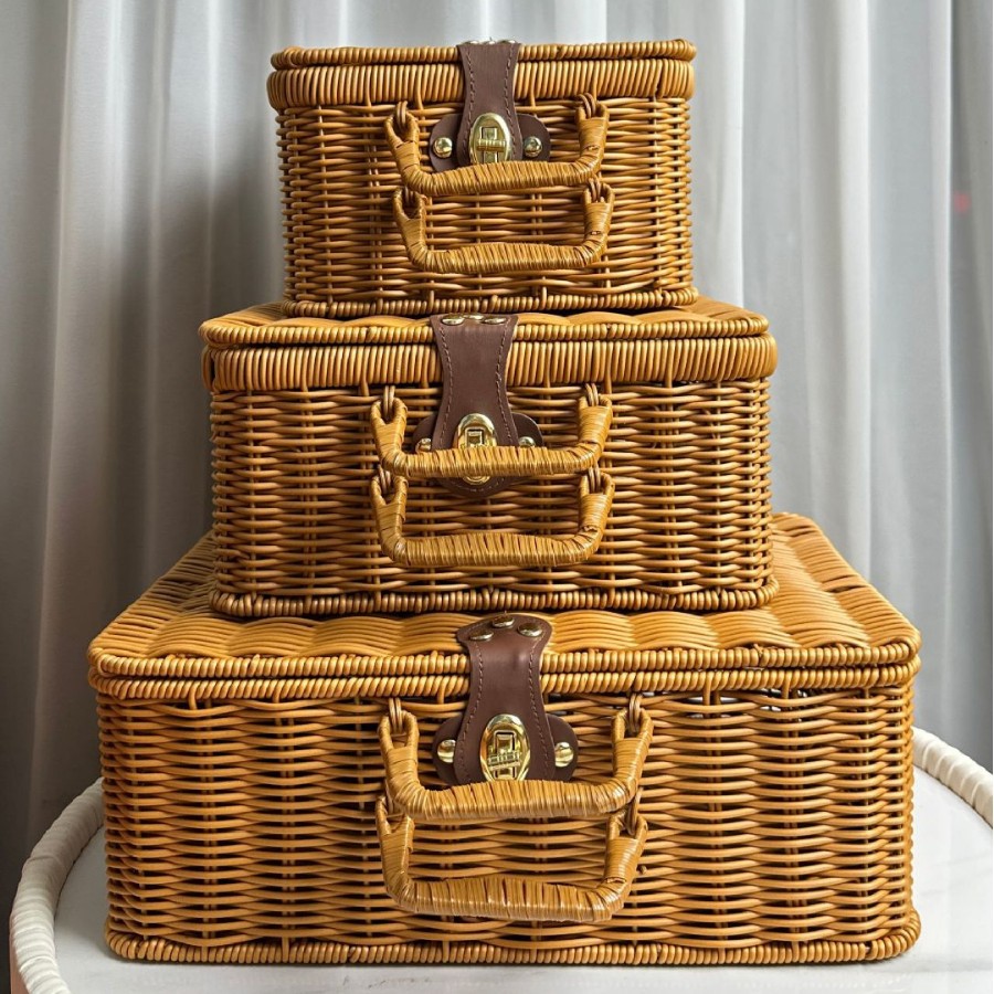 Tejido imitación de caña de bodas regalo de mano de alta calidad caja de almacenamiento cesta de picnic maleta retro caja de prensa fría antigua