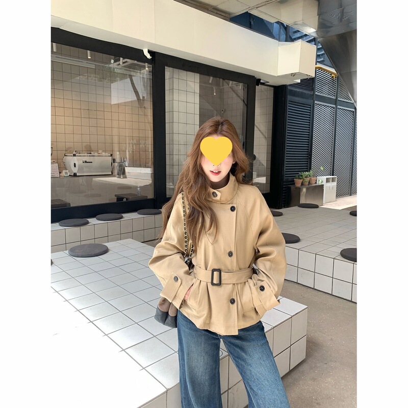 韩系短款风衣外套女英伦风立领收腰外套冰莓粉卡其深咖米白雪尼尔|undefined