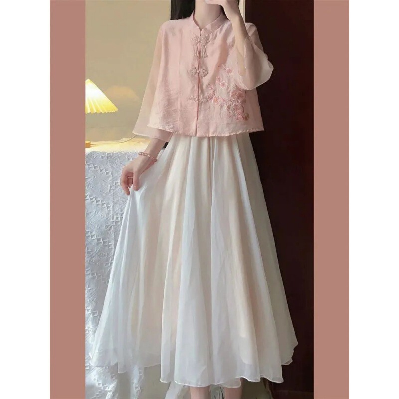 New Chinese-style dress Chinese-style Improved Hanfu Summer Women's Pear-shaped Slim A- line Skirt Two-piece Suit