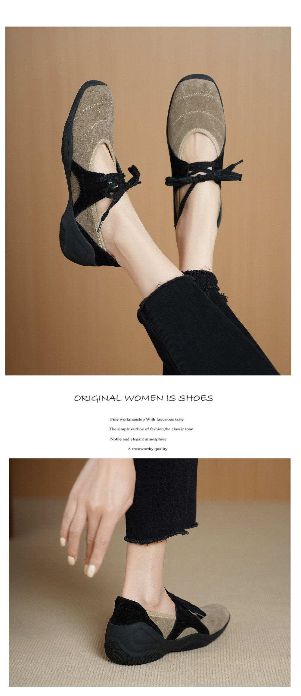 Giày sneaker nữ đế dày miệng thấp dây buộc phối màu da lộn — màu mơ chi tiết 7