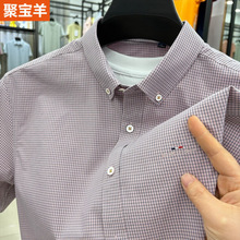 正品外贸棉质男士半袖刺绣小格子短袖衬衫夏季休闲衬衣职业寸衫薄